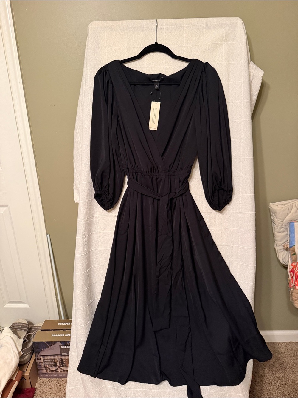Banana Republic Black V-Neck Midi Dress with Tie Waist